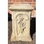 A PAIR OF RECONSTITUTED STONE PLINTHS Cast with classical figures. (32cm x 52cm)