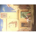 A 20TH CENTURY OIL ON CANVAS, ARABESQUE TOWNSCAPE With figures and horses, framed. (w 41cm x h