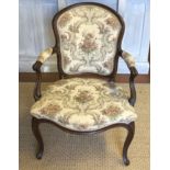 AN 18TH CENTURY MAHOGANY FRENCH HEPPLEWHITE OPEN ARMCHAIR With scroll arms and cabriole legs, in a