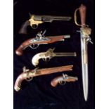 A COLLECTION OF 20TH CENTURY REPLICA WALL HANGING FIRE ARMS Including a flintlock sword gun, a