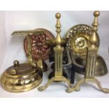 A COLLECTION OF VICTORIAN AND LATER BRASS AND COPPER ITEMS To include a trivet stand, weighing
