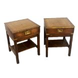 A PAIR OF GEORGIAN DESIGN MILITARY LAMP TABLES Having a tooled leather top, single drawer with brass
