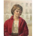 MARGOT RUSSELL, 1913 - 1988, OIL ON CANVAS Portrait a young girl wearing a red jacket with London