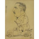 A WORLD WAR II PERIOD PENCIL CARICATURE PORTRAIT OF LIEUTENANT GENERAL SYDNEY FAIRBAIRN ROWELL