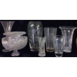 A COLLECTION OF VINTAGE CUT GLASS VASES Including a large vase with etched floral decoration,
