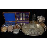 A COLLECTION OF VICTORIAN AND LATER SILVER PLATED WARE Comprising two sets of twelve fish knives and