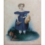 A 19TH CENTURY WATERCOLOUR Portrait of a young girl in a garden, wearing a blue dress with straw