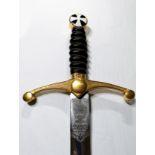 MASONIC INTEREST, A LARGE CEREMONIAL SWORD With a white Maltese cross finial and gold plated hilt on