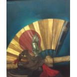 TOM W. QUINN, B. 1918, A 20TH CENTURY OIL ON CANVAS Still life, study of a cherub with Samurai sword