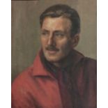 A 20TH CENTURY OIL ON CANVAS Portrait of a gentleman wearing a red sports coat and cravat, held in a