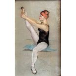 DOROTHY KING, 1907 - 1990, PASTEL Portrait of a ballet dancer tying a shoe while seated, signed in