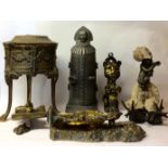 A COLLECTION OF 19TH CENTURY AND LATER PEWTER AND BRASS NOVELTY ITEMS Including a cast model of