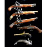 A COLLECTION OF 20TH CENTURY REPLICA WALL HANGING PISTOLS Comprising three flintlock, two