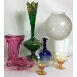 A COLLECTION OF 19TH CENTURY AND LATER COLOURED GLASS Comprising a green and gilt Bohemian glass