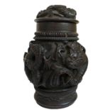 AN 18TH CENTURY CHINESE JAR AND COVER With bronze collar and liner, finely carved with dragons. (