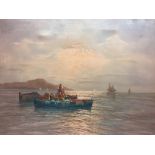 A 20TH CENTURY OIL ON CANVAS Seascape illustrated with fishing boats at dusk, indistinctly signed to