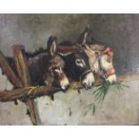 IN THE MANNER OF EUGENE JOSEPH, A 19TH CENTURY OIL ON CANVAS Three donkeys eating hay, framed. (30cm