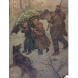 A VICTORIAN OIL ON ARTIST BOARD Winter scene, children sheltering under an umbrella with an