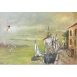 A 19TH CENTURY OIL ON CANVAS HARBOUR SCENE Depicted with boats and buildings at the harbour,