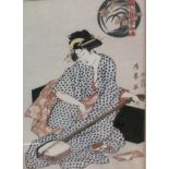 A 19TH CENTURY JAPANESE WOODBLOCK PRINT Geisha playing a musical instrument, bearing lable verso '