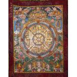 A 20TH CENTURY TIBETAN 'THANGA' The yellow ground embroidered with flowers, the central panel hand