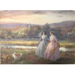 HAL LUDLOW, 1861 - 1947, OIL ON BOARD Ladies' walking with border collie, titled 'In Peaceful