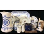 A COLLECTION OF VICTORIAN AND LATER BLUE AND WHITE PORCELAIN ITEMS Comprising a large serving tray