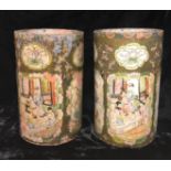 A PAIR OF 19TH CENTURY ORIENTAL TERRACOTTA POTS With hand painted decoration, court scenes,