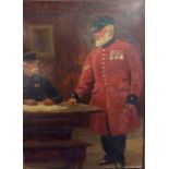 WILLIAM BARNES WOLLEN, 1857 - 1936, AN EDWARDIAN OIL ON ARTIST BOARD Titled 'Chelsea Pensioner',