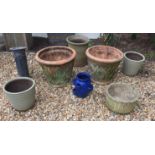A SELECTION OF SEVEN GARDEN POTS To include a pair of large tapering form pots with trellis