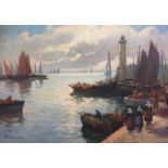 EUGENE DEMESTER, 1914, A 20TH CENTURY OIL ON CANVAS Harbour scene, illustrated with figures and