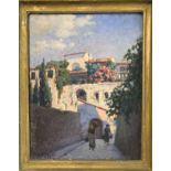 EUGENE PESSE, 1928, OIL ON BOARD Continental street scene, gilt framed.