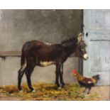 IN THE MANNER OF EUGENE JOSEPH, A 19TH CENTURY OIL ON CANVAS Donkey and hen in a stable, framed. (