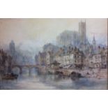 PAUL MARNY, 1829 - 1914, A VICTORIAN WATERCOLOUR Landscape, river view with a Cathedral on the