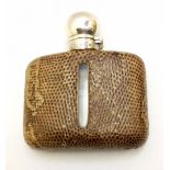 A SILVER AND SNAKESKIN CURVED HIP FLASK With silver screw cap and brown snakeskin cover,