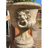 A PAIR OF RECONSTITUTED STONE URNS Cast with lion masks, raised on socle bases. (55cm x 66cm)