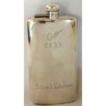 A WORLD WAR II PERIOD LARGE CANADIAN SILVER CURVED WAND SILVER HIP FLASK Engraved with a