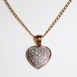 A 9CT GOLD AND DIAMOND HEART FORM PENDANT The diamond encrusted heart suspended from a curb link