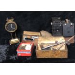 A COLLECTION OF ENGINEERS GAUGES Along with two box brownie cameras and a brass cased clock.