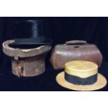 A VICTORIAN LEATHER HAT BOX AND TOP HAT The hat marked Tress & Co., London/Aberdeen, together with a