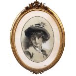 A 19TH CENTURY BLACK CHALK PORTRAIT OF A YOUNG LADY Wearing a feathered hat, signed and dated