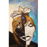 A 20TH CENTURY MIXED MEDIA MASK SCULPTURE The painted stylized face comprising of various semi-