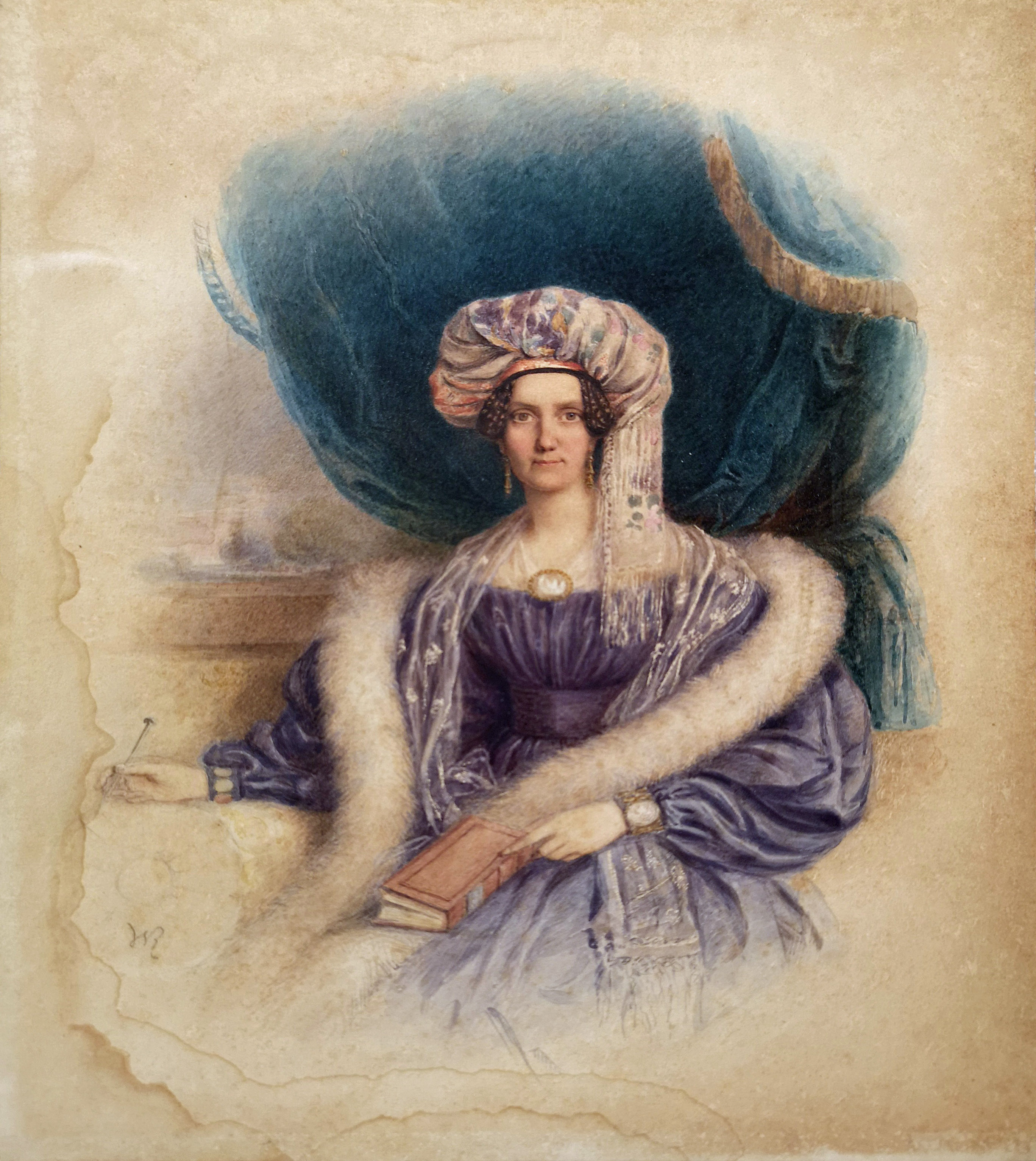 SIR WILLIAM ROSS, 1794 - 1860, WATERCOLOUR Portrait of a woman wearing a flamboyant headdress and