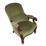 AN EARLY VICTORIAN ROSEWOOD OPEN ARMCHAIR In green velvet upholstery and scroll arms, raised on