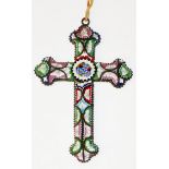 A VINTAGE GILT METAL MICRO MOSAIC CRUCIFIX Having a beaded metal edge and set with multi coloured