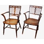 A RARE PAIR OF EARLY 19TH CENTURY YEW AND ELM MENDLESHAM OPEN ARMCHAIRS. (52cm x 46cm x 83cm)