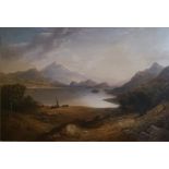 A 19TH CENTURY OIL ON CANVAS Landscape, highland scene with boats by a lake, unsigned and held in