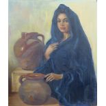 KARIN EDBERG, A 20TH CENTURY OIL ON CANVAS Portrait of an Arabesque style maiden wearing a blue