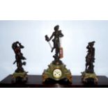 AN EARLY 20TH CENTURY FRENCH GREEN ONYX CLOCK GARNITURE Mounted with bronzed figures of classical