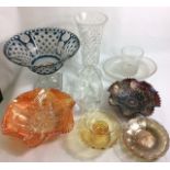 A COLLECTION OF VINTAGE COLOURED GLASS To include a large tazza bowl with overlay decoration and two